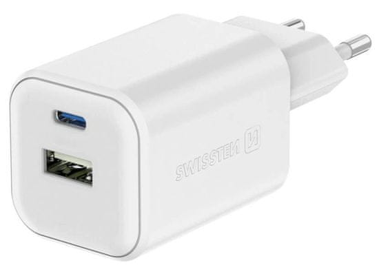 SWISSTEN napajalnik gan 1x usb-c 45w pd + 1x usb-a 18w qc bela