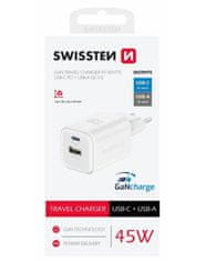 SWISSTEN napajalnik gan 1x usb-c 45w pd + 1x usb-a 18w qc bela