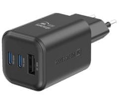 SWISSTEN napajalnik gan 2x usb-c 65w pd + 1x usb-a 18w qc črn