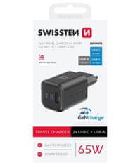 SWISSTEN napajalnik gan 2x usb-c 65w pd + 1x usb-a 18w qc črn