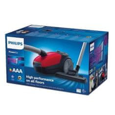 Philips Cilindrični sesalnik Philips 2000 serije FC8243/09, 3 L s vrečko, 750 W, idealen za dom, rdeč/črn, z raztegljivo cevjo in alergijskim filtrom.