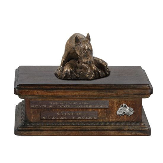 Artdog Bull Terrier VII - žara za pasji pepel, personalizirana žara s kipcem, lesena žara s psom Art-Dog