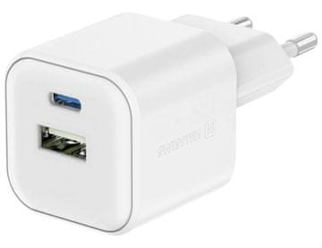 SWISSTEN Napajalnik gan 1x usb-c 20w pd in 1x usb-a 18w qc bela