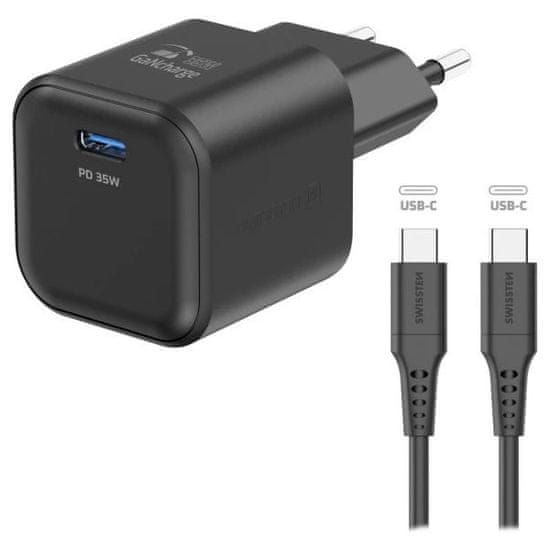 SWISSTEN napajalnik gan 1x usb-c 35w power delivery črn + podatkovni kabel usb-c/usb-c 1,2 m črn