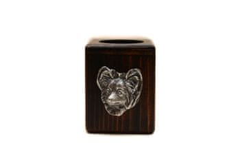 Artdog Papillon, kontinentalni španjel - lesen svečnik s psom, unikaten spominek po izgubi psa, delo Art-Dog