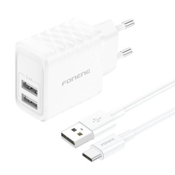 Foneng Foneng EU53 20W 2xUSB-A, 2,4A omrežni polnilnik (bela) + kabel USB-C