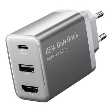 Vention Vention FJAH0-EU USB(C+A)+HDMI GaN omrežni polnilnik (60W/5W/4K@60Hz) (siva)