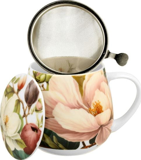 Duo Skodelica+pokrov+cedilo Magnolija, 430 ml porcelan, darilna embalaža, 4378