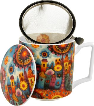 Duo Skodelica+pokrov+cedilo Mesto, 450 ml porcelan, darilna embalaža, 4606