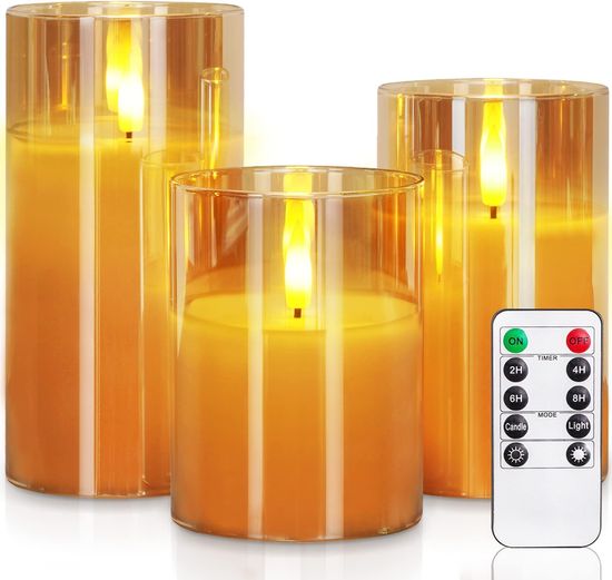 Netscroll Komplet 3 elegantnih okrasnih sveč, baterijsko napajane LED sveče brez plamena z daljinskim upravljalnikom, utripajoč učinek plamena, set 3 sveč, za dekoracijo doma, božič, zabave, FlickCandles