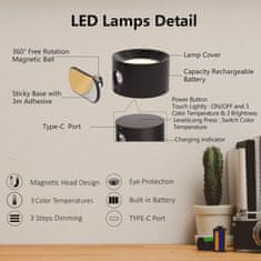 Netscroll LED stenska bralna svetilka, na dotik, nastavljiva svetlost v 3 stopnjah in barvne temperature, 360° rotacija, USB kabel in polnjenje, prenosna lučka za spalnico, pisarno, omara StickLamp, les