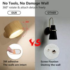 Netscroll LED stenska bralna svetilka, na dotik, nastavljiva svetlost v 3 stopnjah in barvne temperature, 360° rotacija, USB kabel in polnjenje, prenosna lučka za spalnico, pisarno, omara StickLamp, les