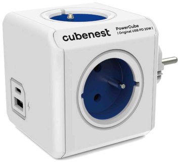 PowerCube Cubenest Original USB PD 20W, A+C, 4× vtičnica, bela/modra, otroška varovalka, ozemljitev, max. 16A/250V~3680W