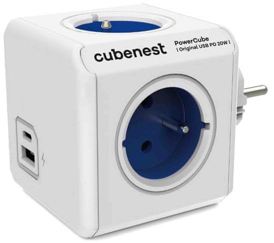 PowerCube Cubenest Original USB PD 20W, A+C, 4× vtičnica, bela/modra, otroška varovalka, ozemljitev, max. 16A/250V~3680W