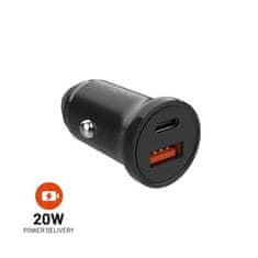 FIXED Fiksni avtomobilski polnilnik z izhodom USB-C in USB ter podporo za PD, 20 W, črn