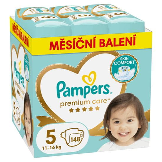 Pampers Premium Care plenice, velikost 5 (11-15 kg), 148 plenic, mesečni paket