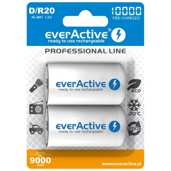 everActive Napolnilne baterije everActive R20/D Ni-MH 10000 mAh - 2 kosi, pripravljene za uporabo