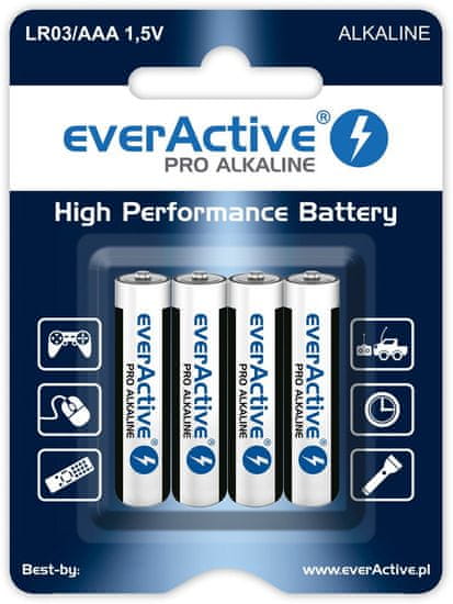 everActive Alkalne baterije everActive Pro LR6 AA - 4 kosa v embalaži, dolga življenjska doba 10 let, 1.5 V, za enkratno uporabo