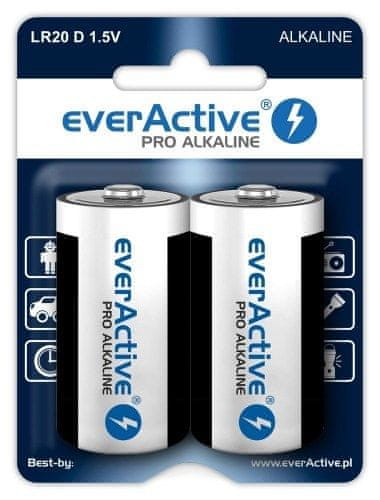 everActive Alkalne baterije everActive Pro LR20 D - 2 kosa, 1.5 V, 10 let življenjske dobe, enkratna uporaba