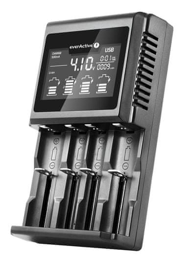 everActive Polnilec everActive UC-4000 za 4 baterije Li-Ion - črn, z AC adapterjem, za AA, AAA, C in D baterije.