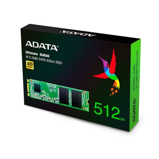slomart ADATA Ultimate SU650 M.2 SSD 512 GB, SATA III, 3D NAND, 550 MB/s branje in 510 MB/s pisanje, visokokakovosten disk