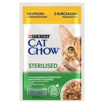 slomart PURINA Cat Chow Sterilizirana mokra hrana za mačke s piščancem in jajčevcem, 85 g, za odrasle mačke, brez umetnih barvil.