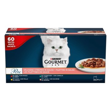 slomart PURINA Gourmet Perle Mix - mokra hrana za mačke, 60x85 g, okus: piščanec, riba, zajec, losos, za odrasle mačke