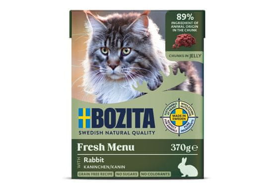 Bozita Bozita mokra hrana za mačke z zajcem v želeju, brez žitaric - 370 g, primerna za odrasle mačke vseh pasem.