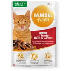Eukanuba IAMS Delights mokra hrana za mačke z govedino in korenjem v želeju - 85g, brez sladkorja, primerna za odrasle mačke