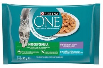 slomart PURINA One Indoor Tunina in telečja - mokra hrana za mačke, 4x85g, brez umetnih barvil, brez konzervansov, primerna za odrasle mačke.