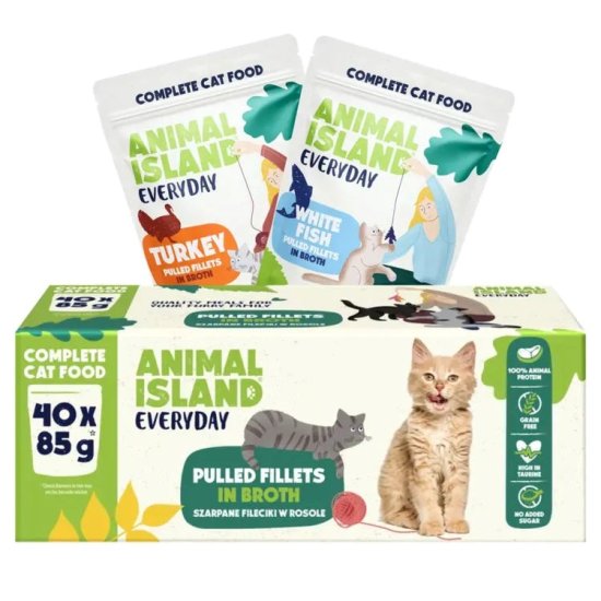 slomart ANIMAL ISLAND Everyday mokra hrana za mačke – puran in belo ribja fileta v juhi, 40 x 85 g, brez glutena in umetnih barvil