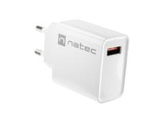 Natec Natec napajalnik Ribera USB-A 18W, bel, hitro polnjenje, 1 izhod, univerzalna združljivost, varnostne funkcije OVP, OTP, SCP, OCP