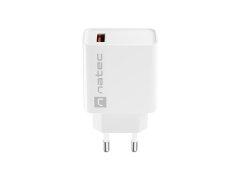 Natec Natec napajalnik Ribera USB-A 18W, bel, hitro polnjenje, 1 izhod, univerzalna združljivost, varnostne funkcije OVP, OTP, SCP, OCP