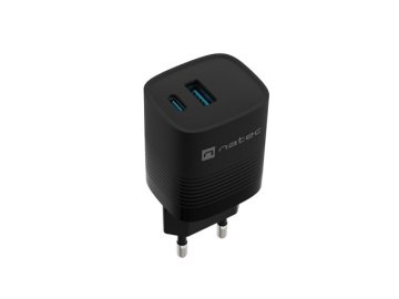Natec NATEC RIBERA GAN USB-A in USB-C polnilec 30W, črn, hitro polnjenje, univerzalna združljivost, zaščitni sistemi
