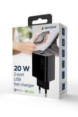 Gembird Gembird 2-portni 20W Power Delivery USB-C hitri polnilec - črn, idealen za pametne telefone, zaščita pred prenapolnjenjem.