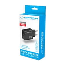 Esperanza Mrežni polnilec Esperanza EZC108K 45W, črn, hitro polnjenje Power Delivery, zaščita pred pregrevanjem, USB Type-C