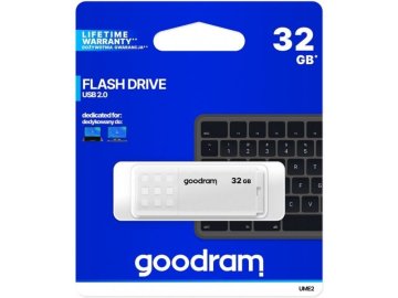 GoodRam USB ključek Goodram UME2 32 GB, USB Type-A 2.0, bel, zmogljivost 20 MB/s branja, kapaciteta 32 GB, plastika, kompaktna velikost.