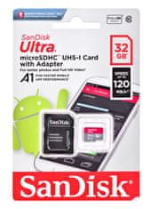 SanDisk Sandisk 32 GB MicroSDHC kartica, UHS-I, Class 10, hitrosti branja do 98 MB/s, vključuje SD adapter, siva/rdeča