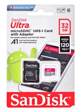 SanDisk Sandisk 32 GB MicroSDHC kartica, UHS-I, Class 10, hitrosti branja do 98 MB/s, vključuje SD adapter, siva/rdeča