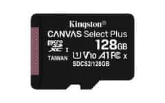 Kingston Kingston 128GB microSDXC Canvas Select Plus 100R A1 C10, brez adapterja, odporen na udarce in vibracije