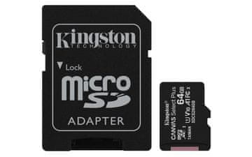 Kingston Kingston 64GB microSDXC Canvas Select Plus 100R A1 C10 z adapterjem - hitrosti do 100 MB/s, odporen na udarce in vibracije