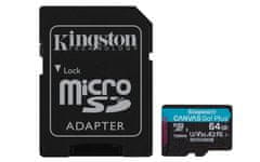 Kingston Kingston Technology 64GB microSDXC Canvas Go Plus, hitrost branja 170 MB/s, odporna na vlago in udarce, SD adapter vključen