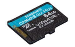 Kingston Kingston Technology 64GB microSDXC Canvas Go Plus, hitrost branja 170 MB/s, odporna na vlago in udarce, SD adapter vključen