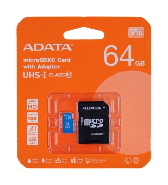 slomart ADATA 64GB microSDHC, Class 10 UHS-I, črna/modra, hitrosti branja do 85 MB/s, vključuje SD adapter