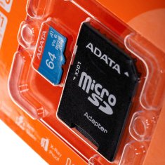 slomart ADATA 64GB microSDHC, Class 10 UHS-I, črna/modra, hitrosti branja do 85 MB/s, vključuje SD adapter