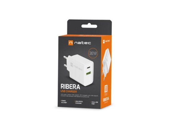 Natec NATEC omrežni polnilec RIBERA USB-A + USB-C 20W PD, hitri polnilec, univerzalna združljivost, zaščita moči, bela barva