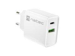 Natec NATEC omrežni polnilec RIBERA USB-A + USB-C 20W PD, hitri polnilec, univerzalna združljivost, zaščita moči, bela barva