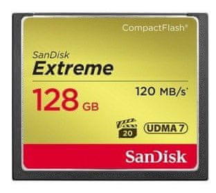 SanDisk SanDisk CF Extreme 128GB CompactFlash, črn, hitrosti branja 120 MB/s in pisanja 85 MB/s, idealen za profesionalno uporabo