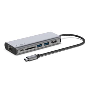 Belkin Belkin AVC008BTSGY portni razširitelj USB 3.2 Gen 1, črn in sivo, z HDMI, RJ-45, USB-C in USB-A, za prenosne računalnike