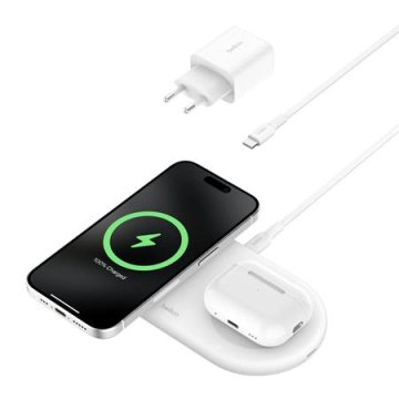 Belkin BOOST CHARGE PRO Qi2 2v1 magnetna polnilna ploščica za iPhone/AirPods, bela